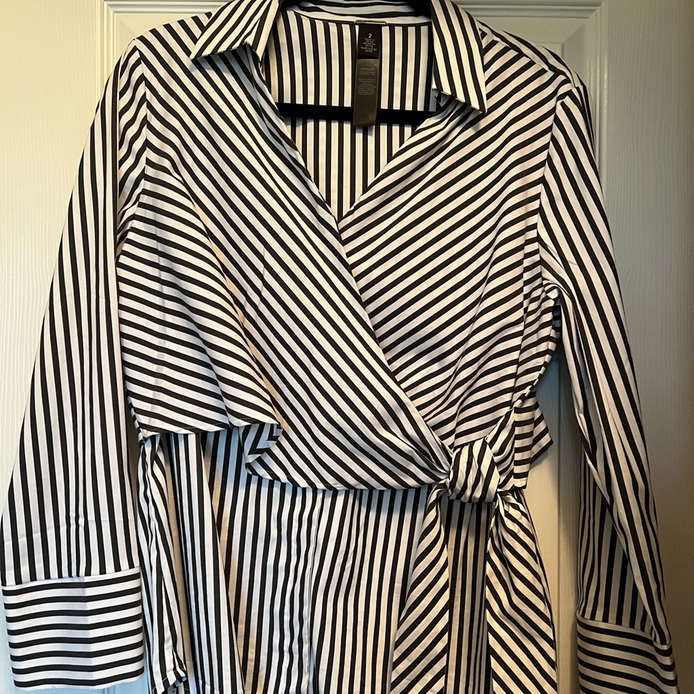 Chicos 2.  Large. Black and white striped 3/4 length cotton blouse. Light weight